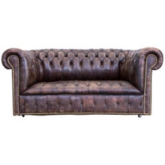 Chesterfield Leather Sofa Brown Two-Seat Couch Vintage Vintage