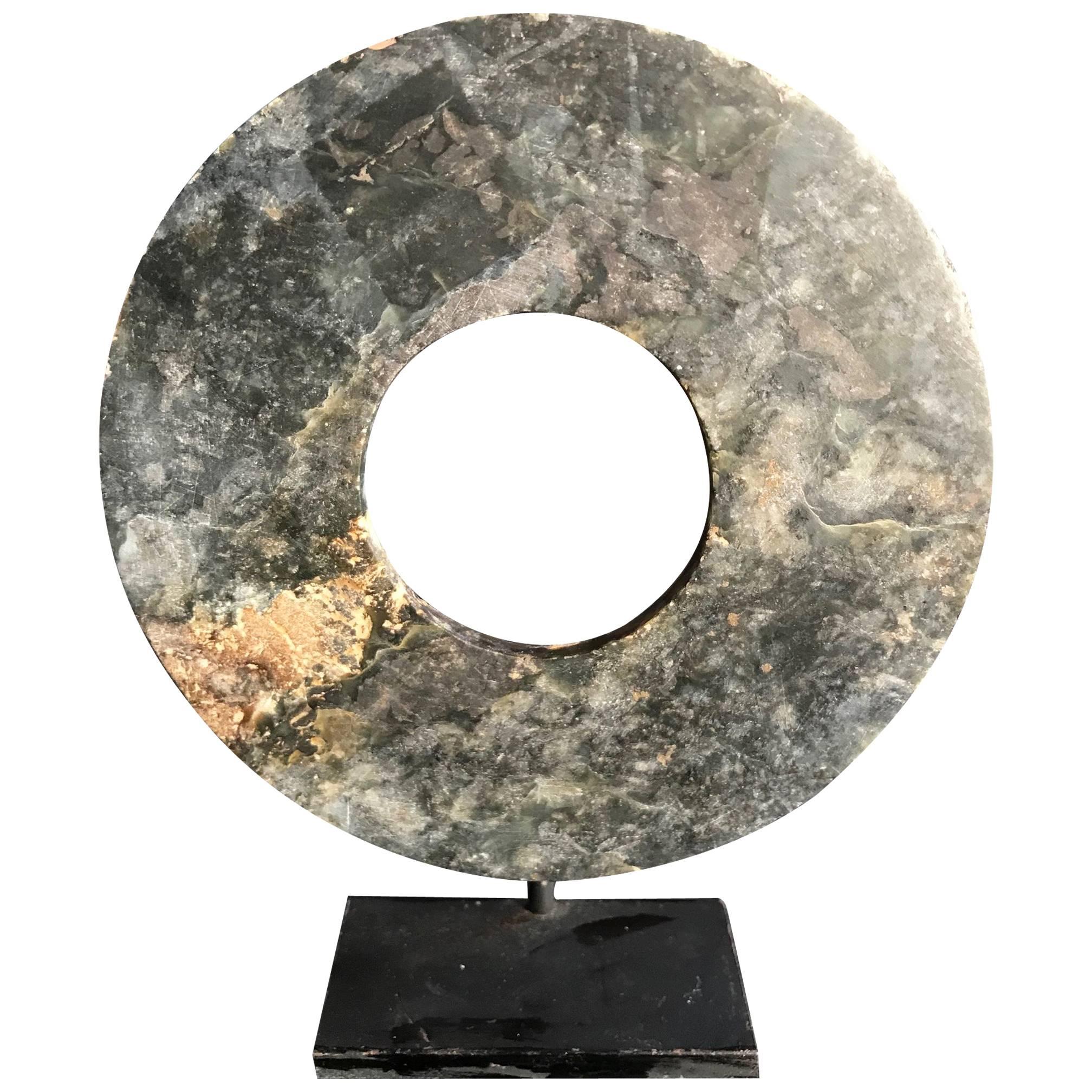 Important Ancient Chinese Heavenly Jade Bi Disc with Green and Blue Pattern