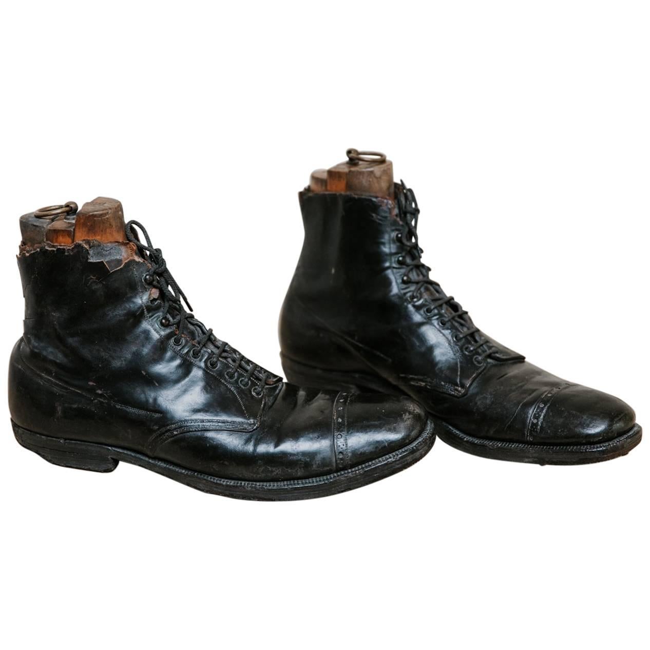 Early 20th Century Pair of Black Leather Giant Shoes