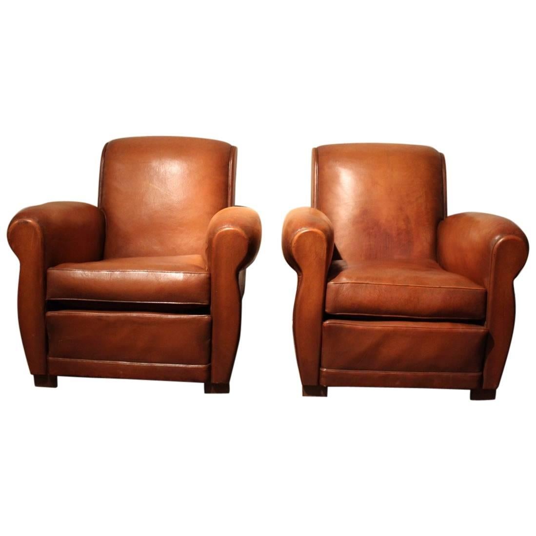 Classic Pair of 1950s French Leather Club Chairs