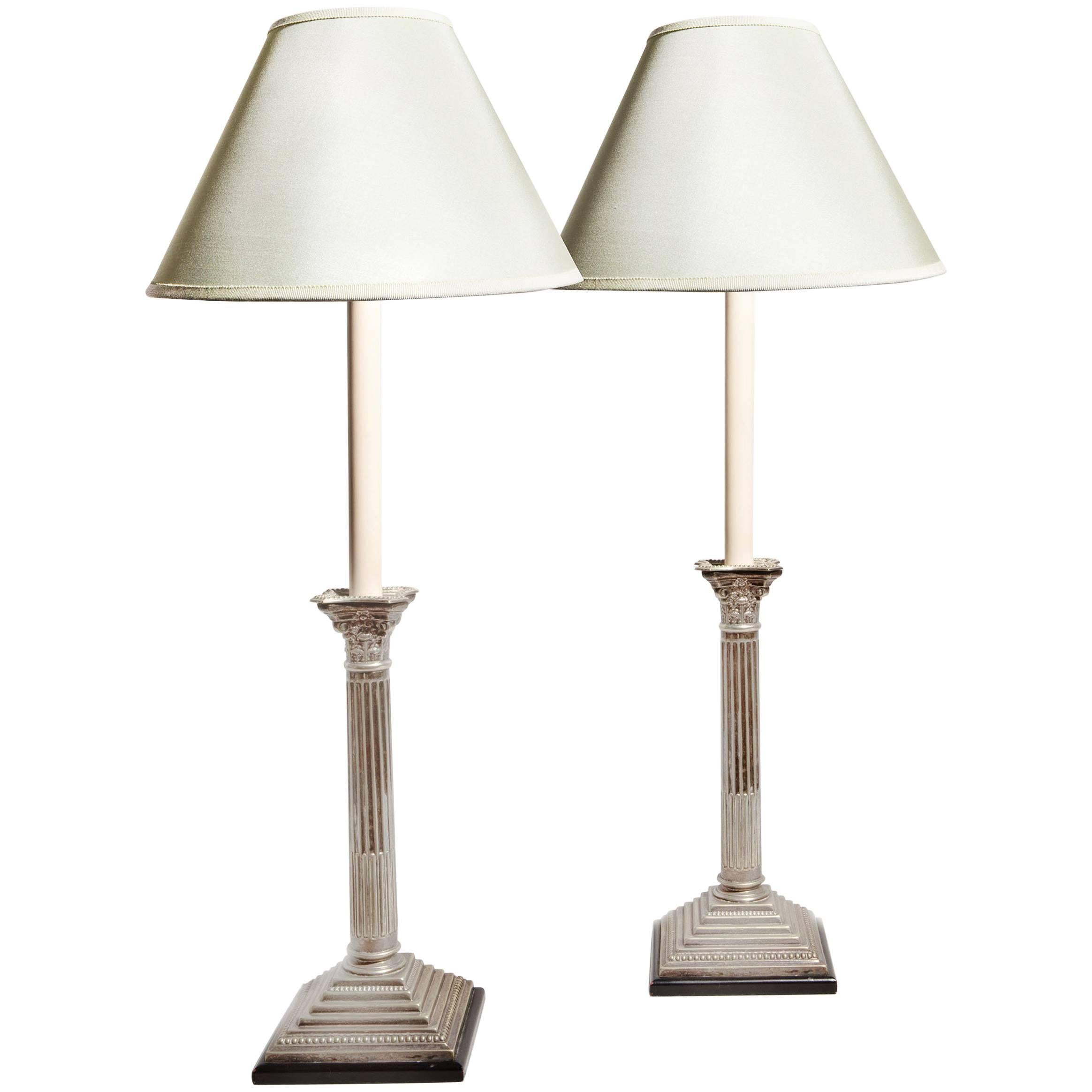 Pair of English Silver Plate Column Lamps