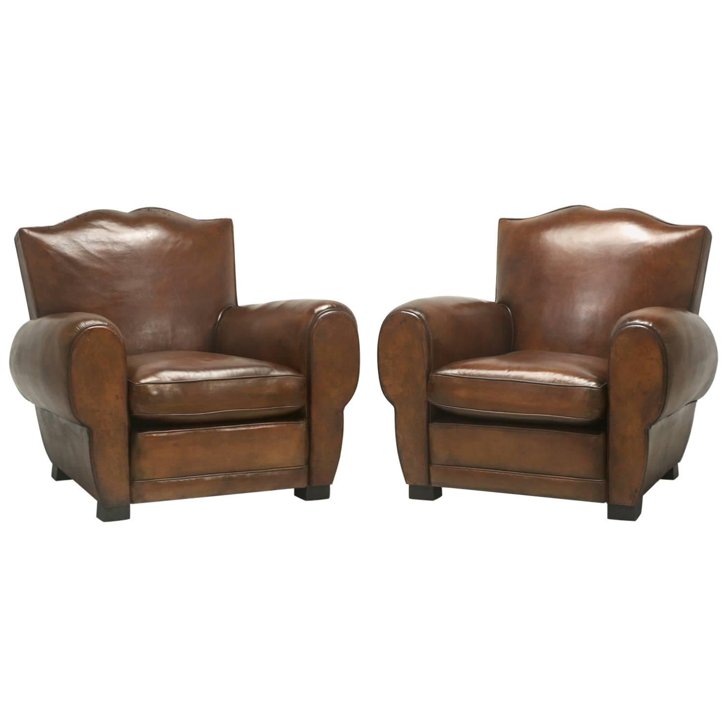 Pair of French "Moustache" Style Leather Club Chairs, Correctly Restored