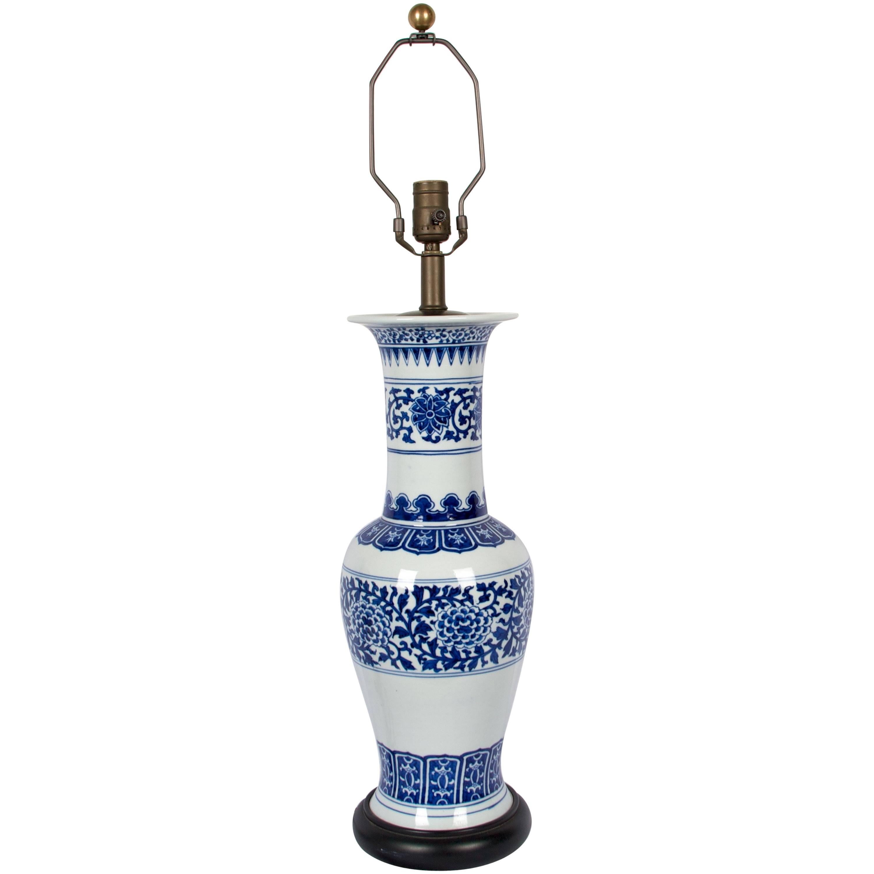 Blue and White Chrysanthemum Vase, Now a Fine Lamp For Sale