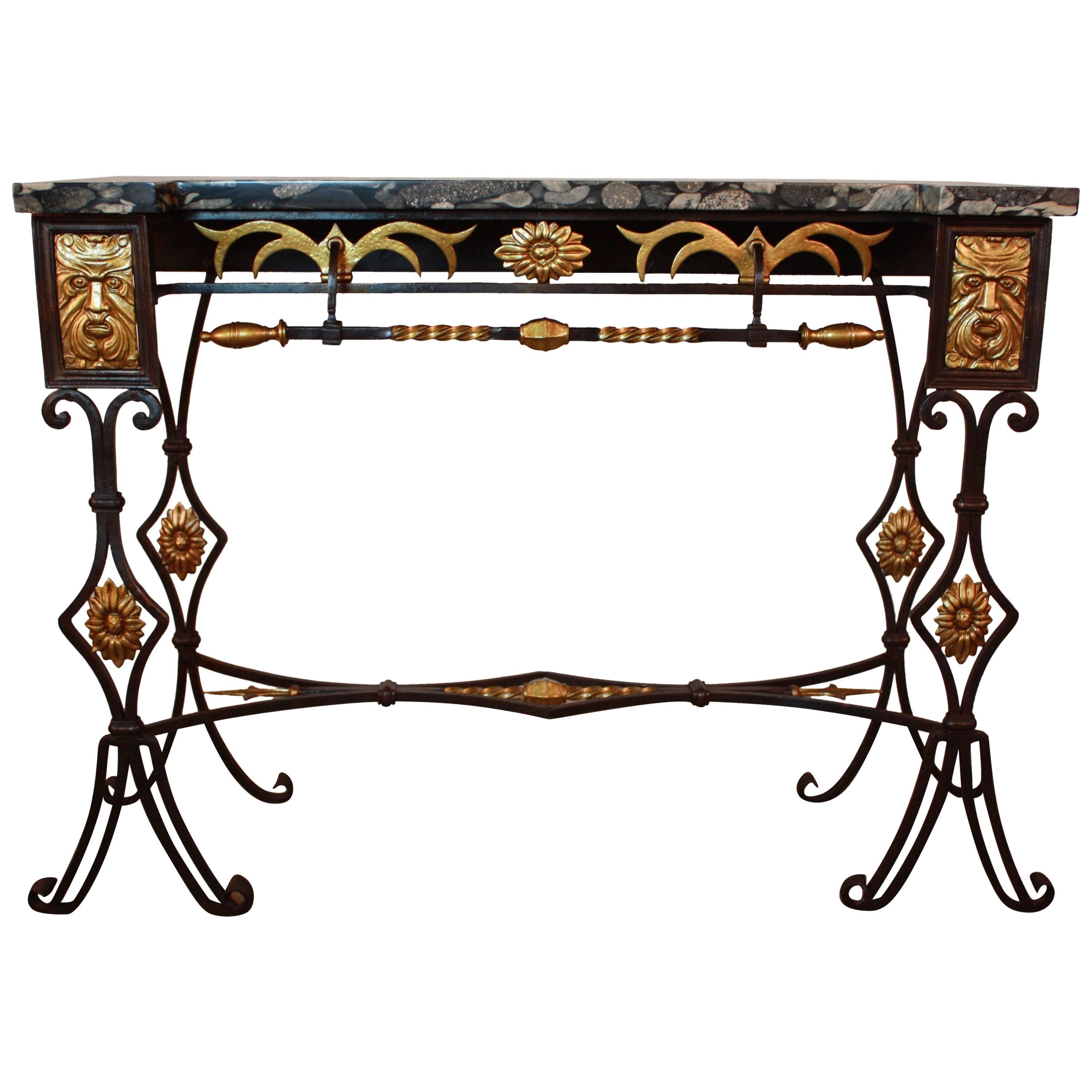 French Marble-Top Bronze and Iron Console