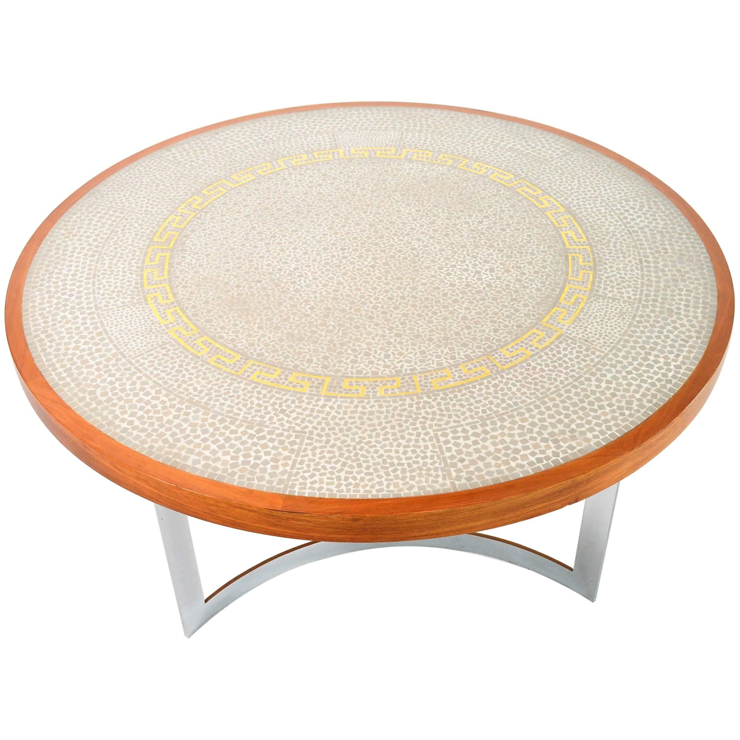 German Round Tile Mosaic and Wood Coffee Table by Berthold Muller , 1960s