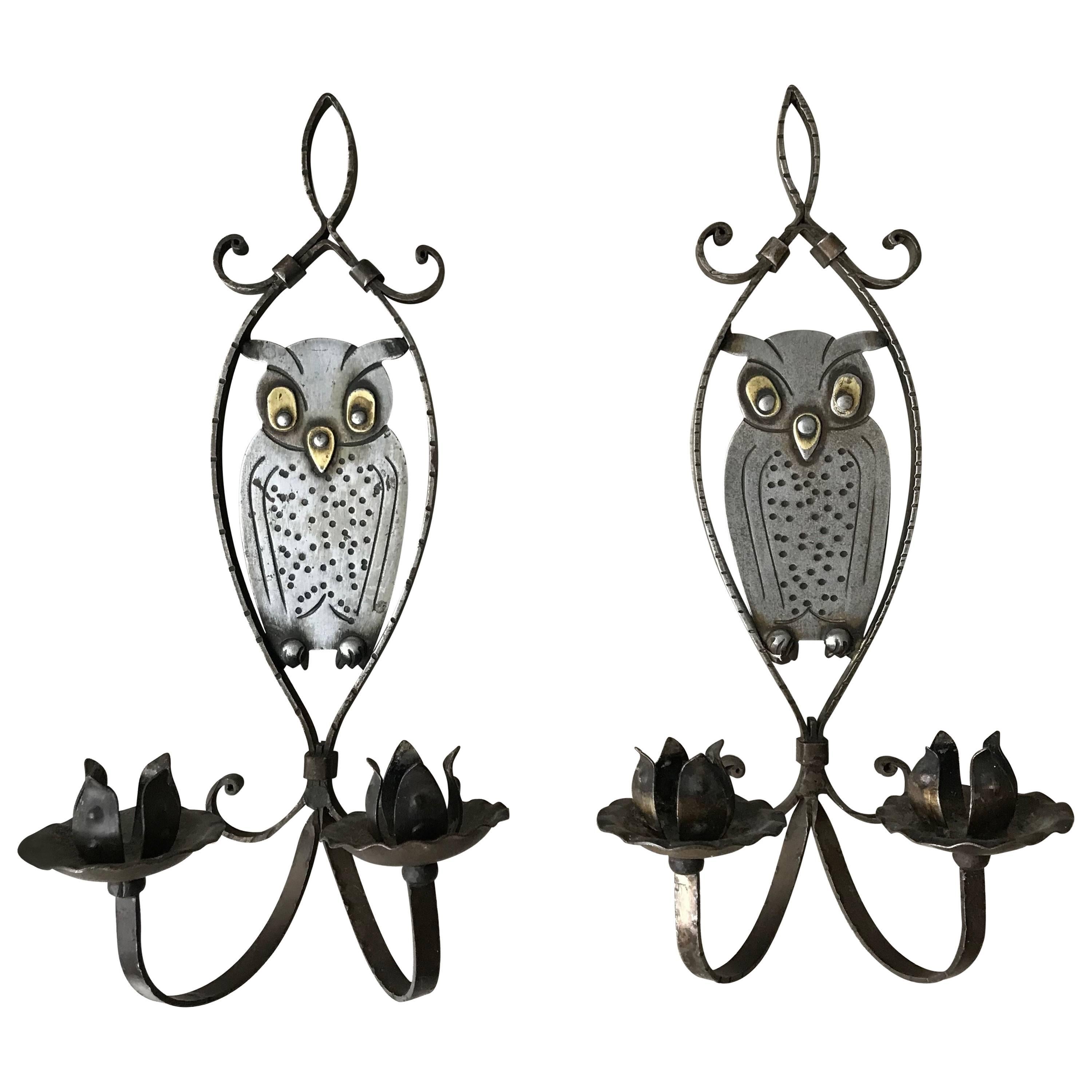 Pair of Handcrafted Arts & Crafts Owl Candle Light Sconces by Hugo Berger Goberg