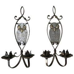 Antique Pair of Handcrafted Arts & Crafts Owl Candle Light Sconces by Hugo Berger Goberg