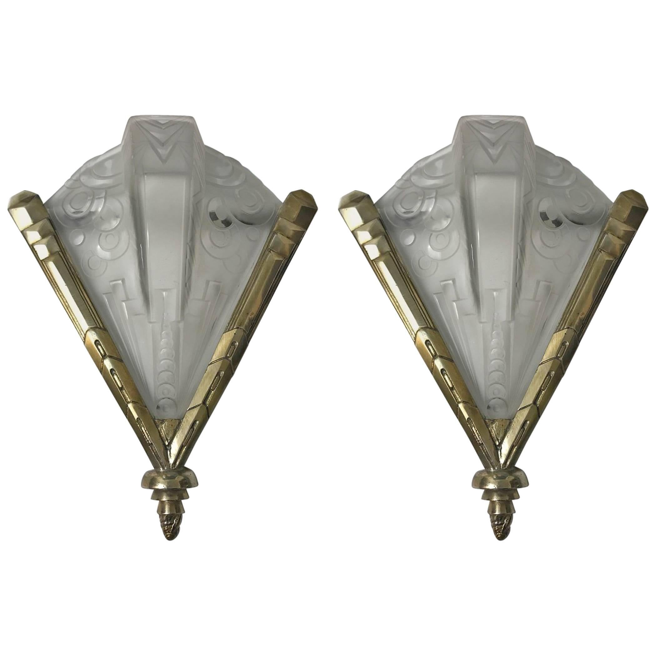 Pair of French Art Deco Geometric Sconces Signed by Muller Frères