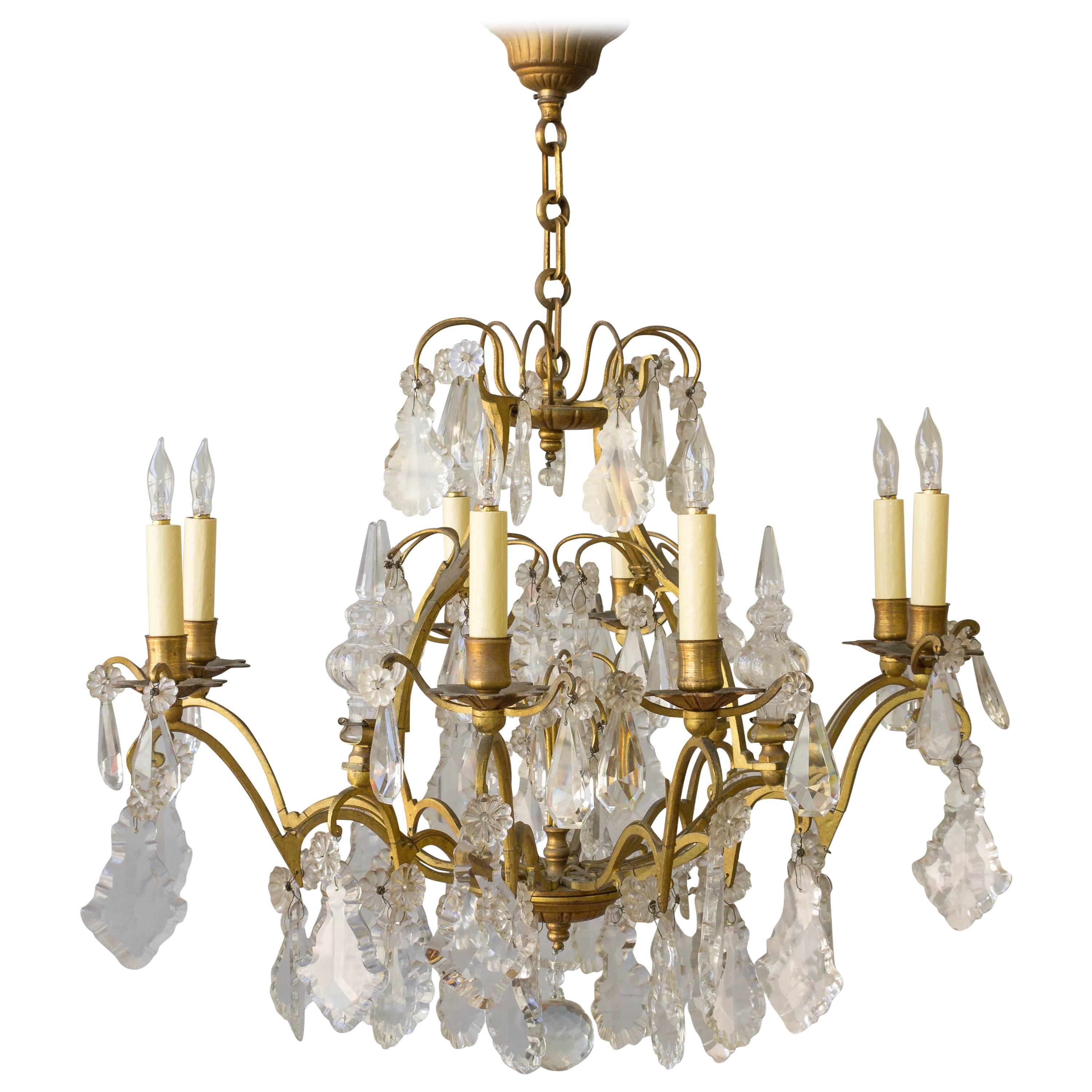 French Gilt Metal and Crystal Ten-Arm Chandelier