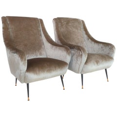 Italian Armchairs in Soft Grey Velvet restored and reupholstered, 1950s