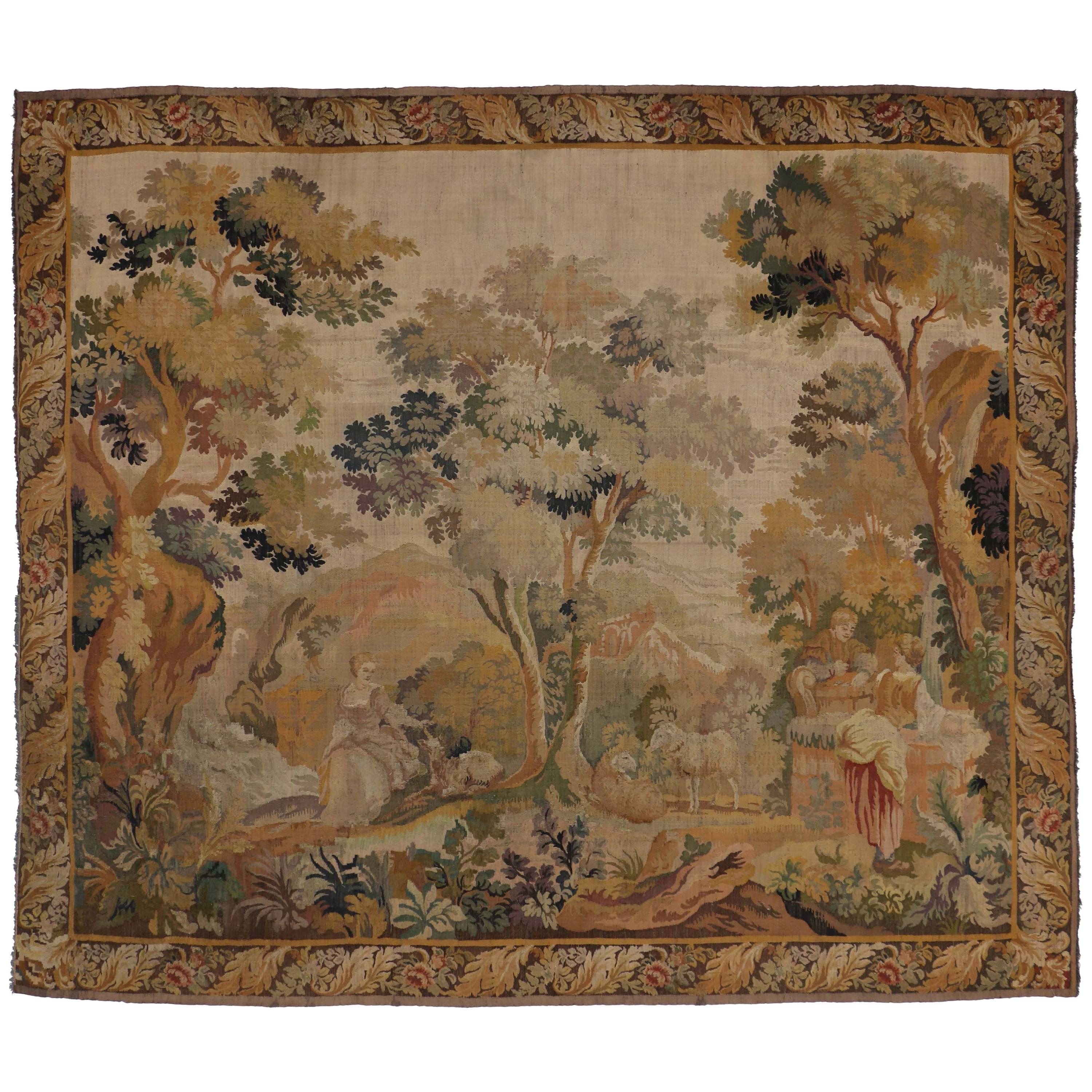 Antique French Rococo Noble Pastoral Style Tapestry Inspired by Francois Boucher