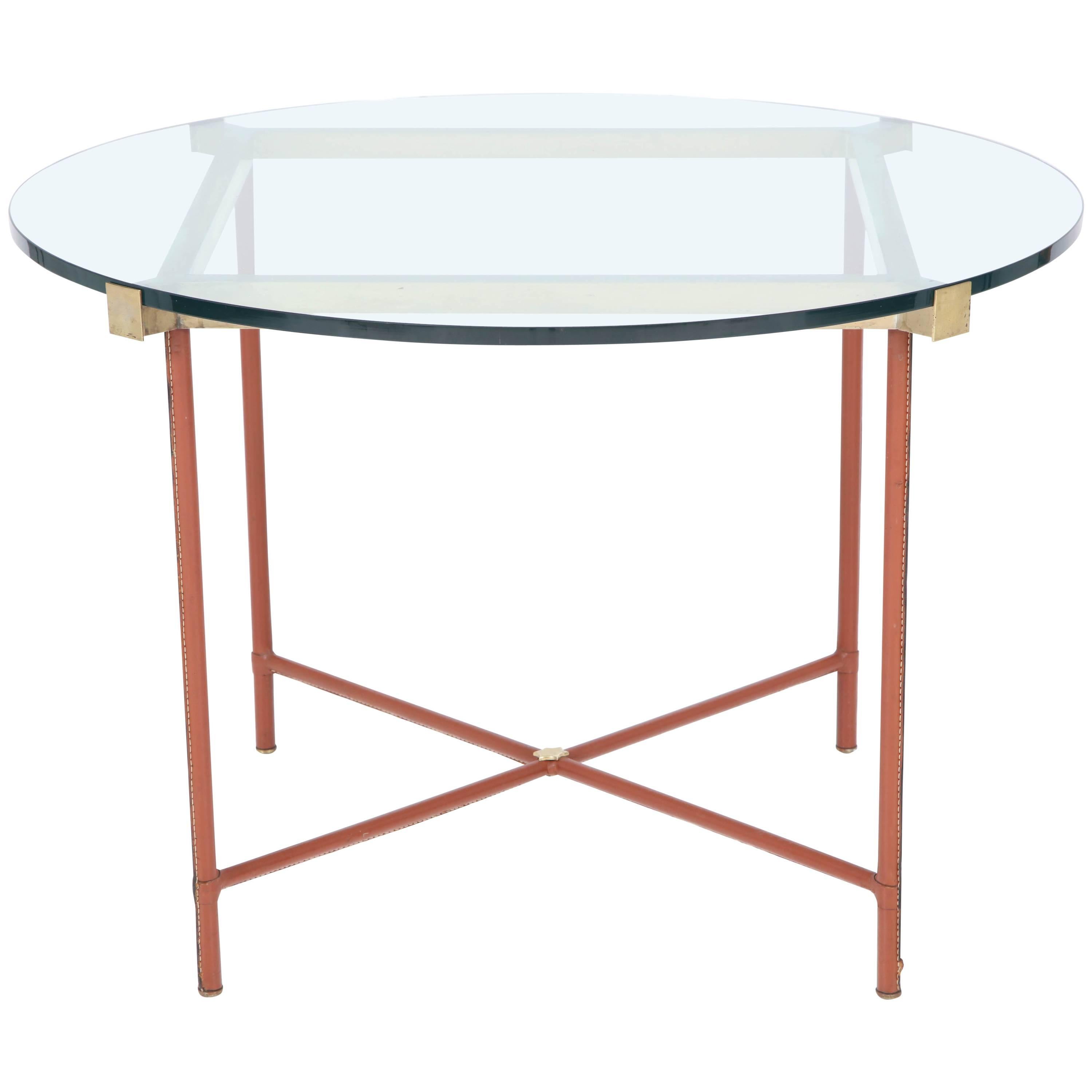 Jacques Adnet Leather Covered and Brass Centre Table For Sale