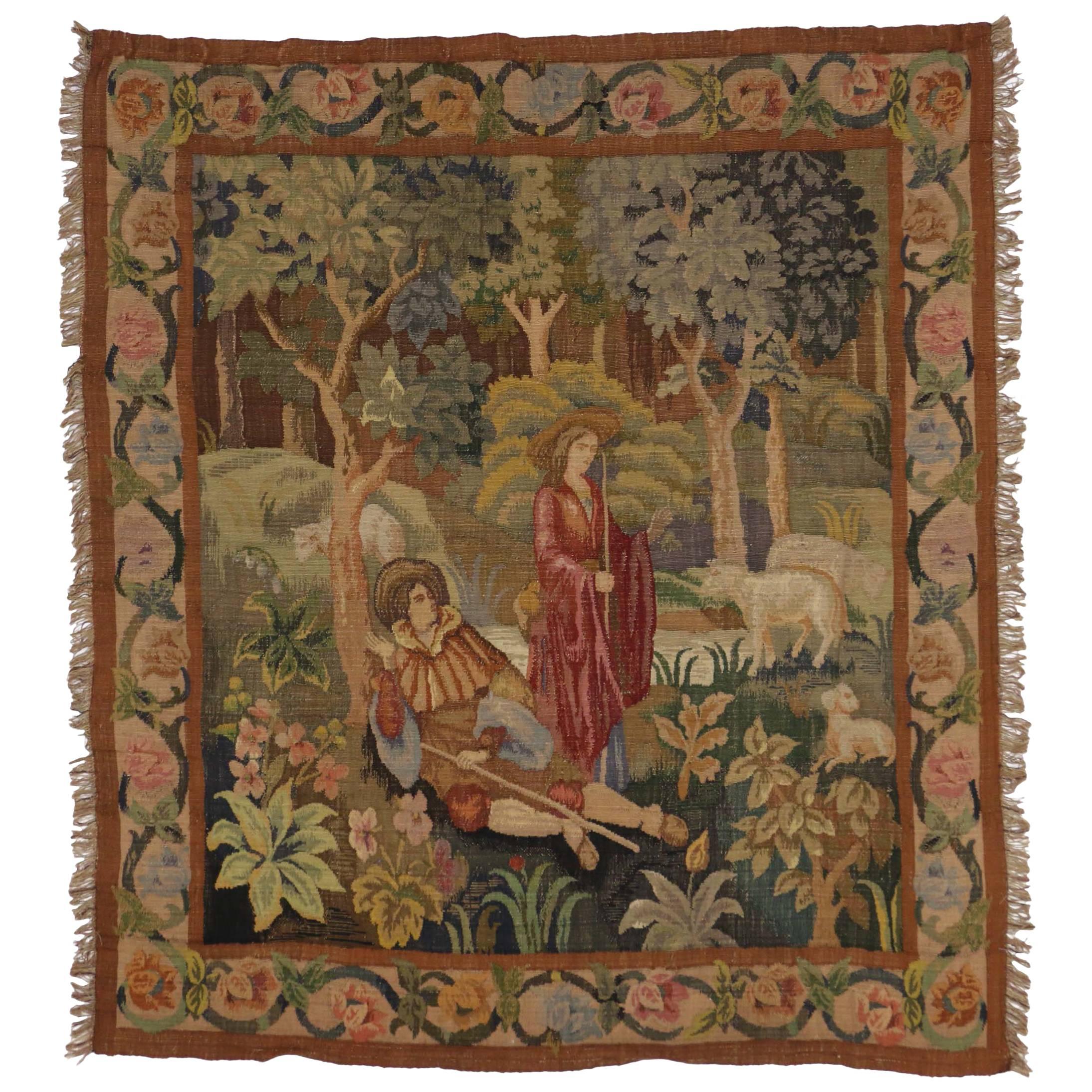 Antique French Aubusson Tapestry, Shepherd and Shepherdess Verdure Wall Hanging