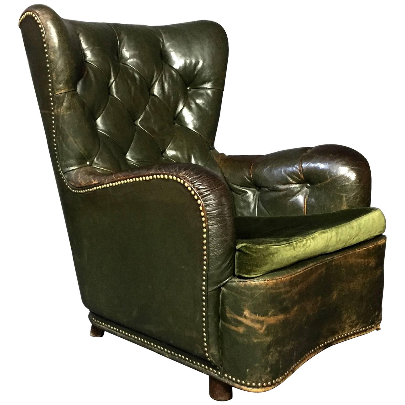 1930s Danish Green Button Tufted Leather Lounge Chair