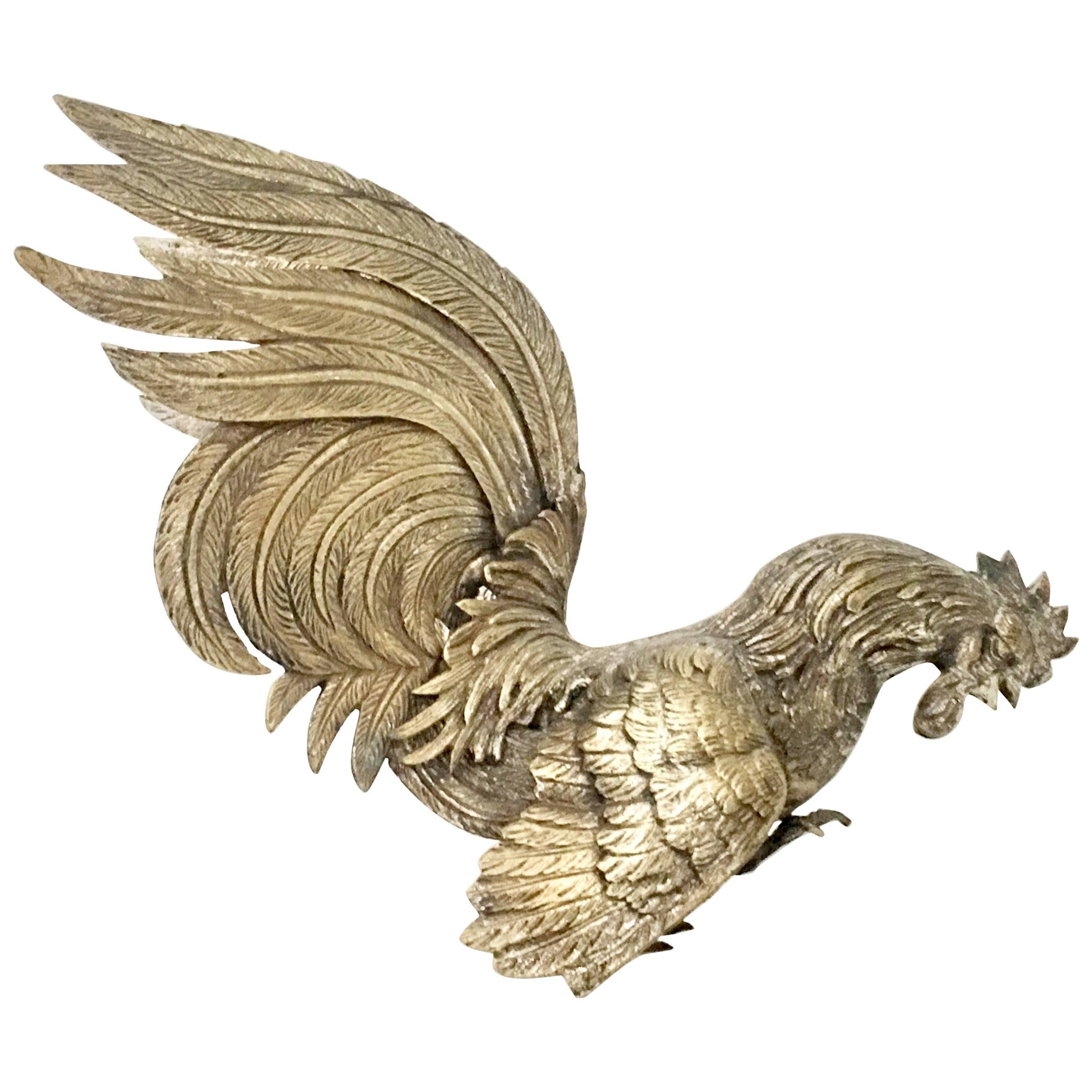 Antique European Silvered "Fighting" Cockerel Rooster Sculpture For Sale