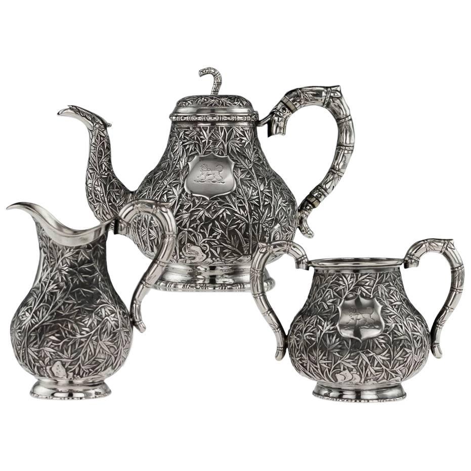 19th Century Chinese Export Solid Silver Tea Set, Hoaching, Canton, circa 1860