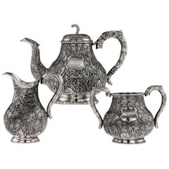 Antique 19th Century Chinese Export Solid Silver Tea Set, Hoaching, Canton, circa 1860