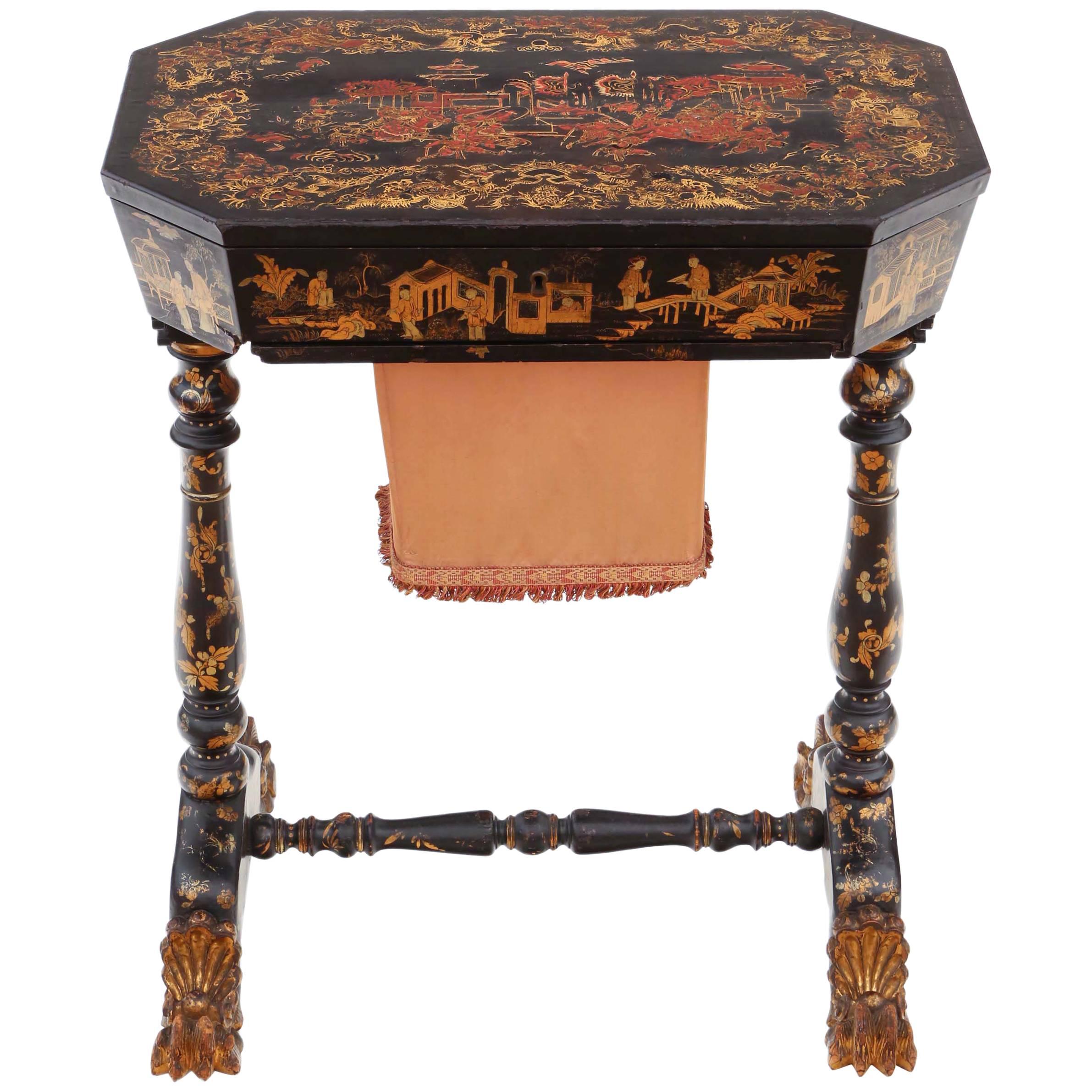 Antique 19th Century Decorated Chinoiserie Work Side Sewing Table Box For Sale
