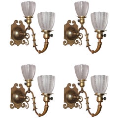 Set of Four Antique Arts & Crafts Brass & Etched Glass Double Light Wall Sconces