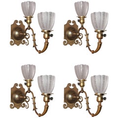 Set of Four Antique Arts & Crafts Brass & Etched Glass Double Light Wall Sconces