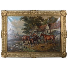 Dutch Oil on Canvas Painting of Farm Scene, Signed Schounerman, 19th Century