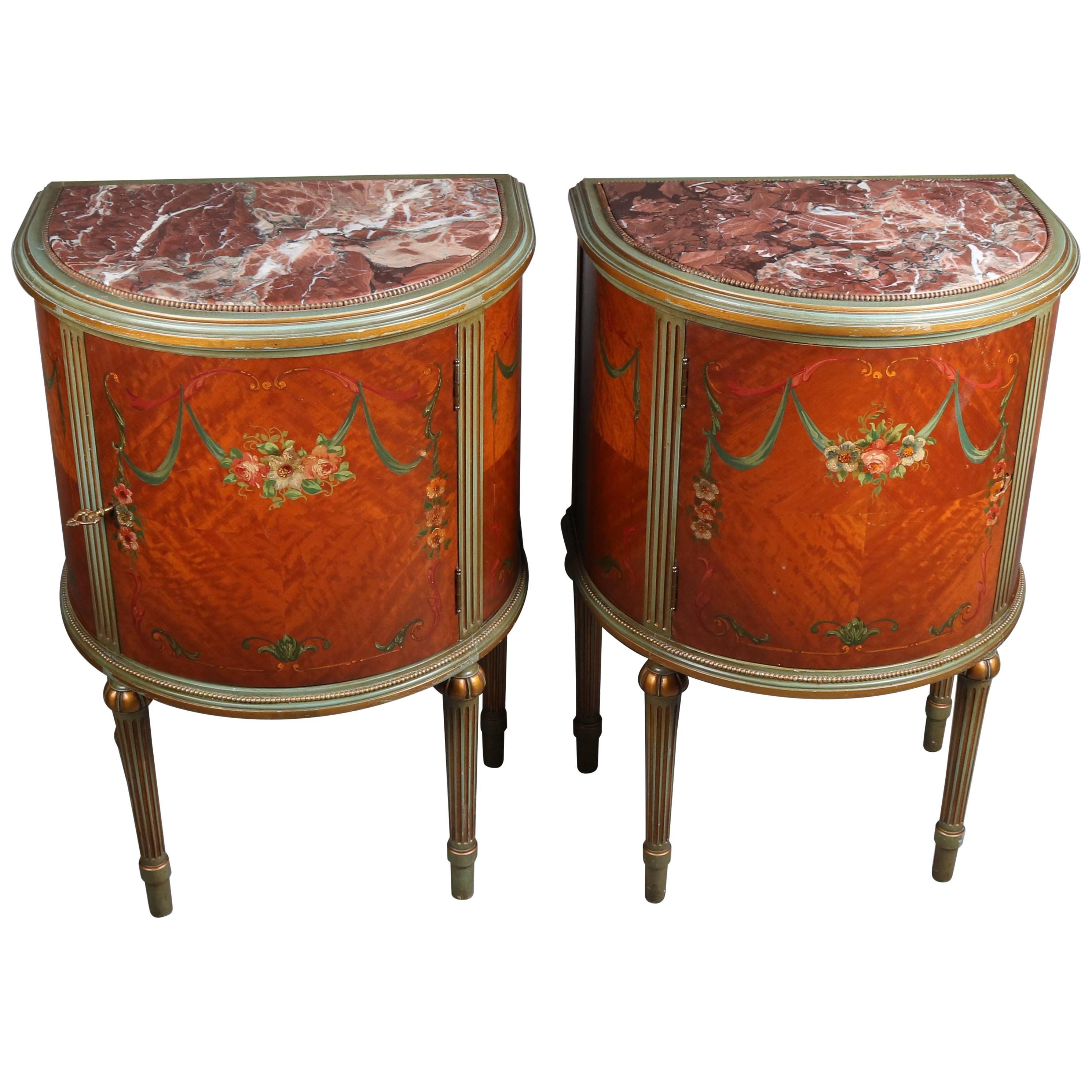 Pair of Adam Style Classical Painted and Gilt Carved Satinwood Demilune Stands