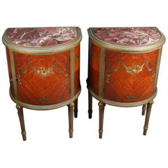 Pair of Adam Style Classical Painted and Gilt Carved Satinwood Demilune Stands