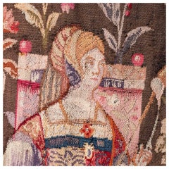 Antique Flemish Tapestry with Court Scene with Queen, Bird and Floral