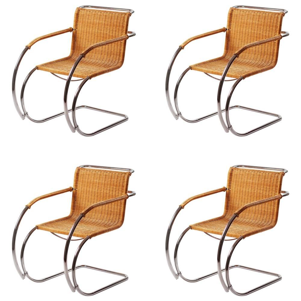 Bauhaus Ludwig Mies van der Rohe MR20 Lounge Chairs in Wicker and Chrome