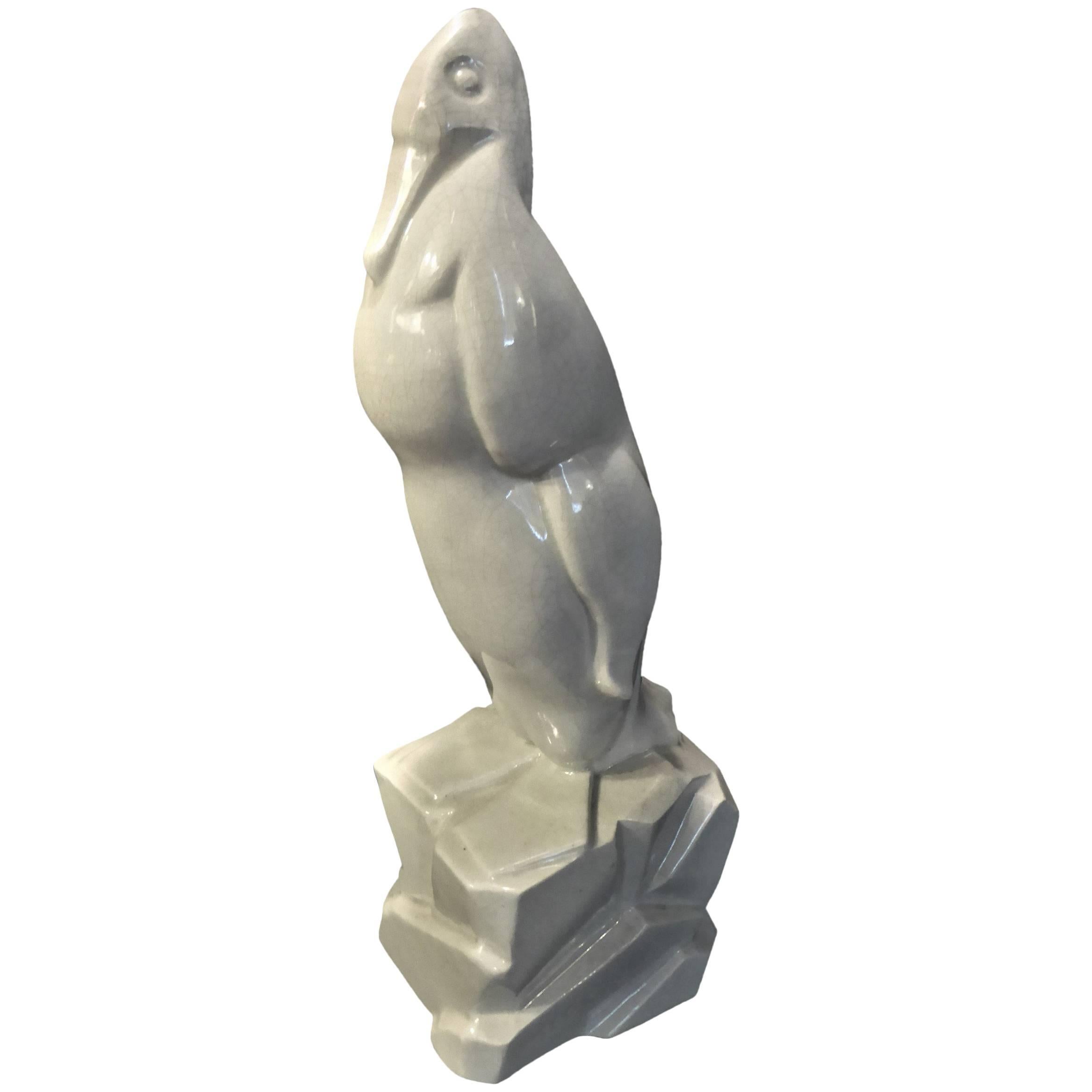 1930s Tall Art Deco Geo Conde Penguin in Crackle Glaze Ceramic, France For Sale