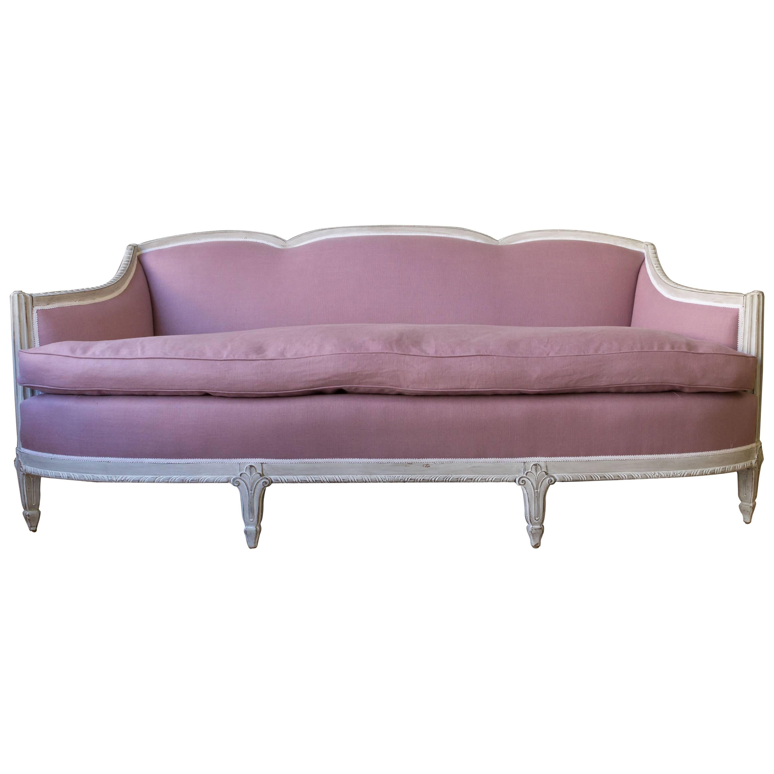 20th Century Art Deco Style Settee Upholstered in Lavender Linen