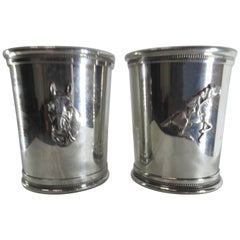 Pair of Pewter Boardman Governor's Cup Mint Julep Cups with Horse Motifs