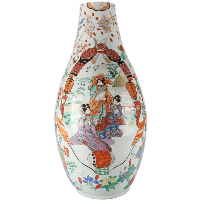 Antique Japanese Hand Enameled Imari Porcelain Floor Vase Chop Marks at