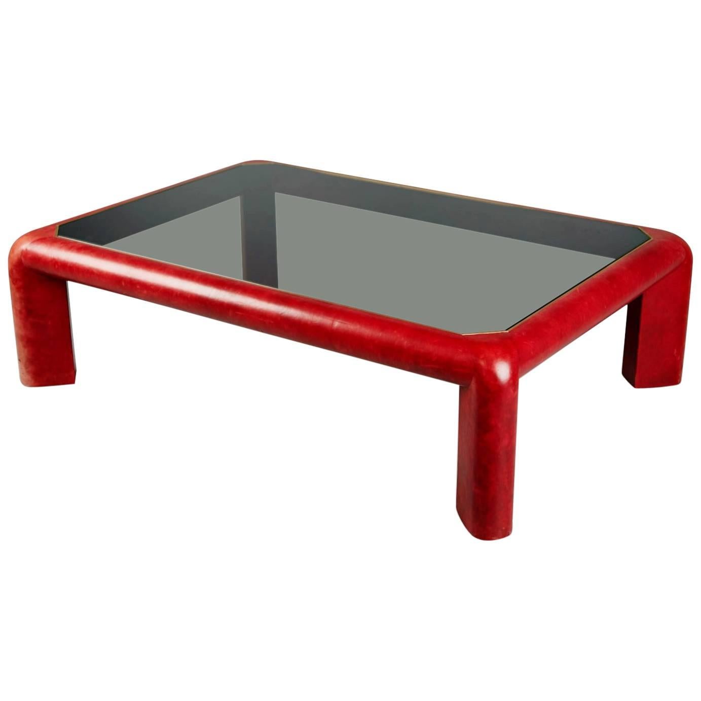 Karl Springer Red Leather & Brass 'Mark II' Cocktail Table,  Signed & Dated 1984
