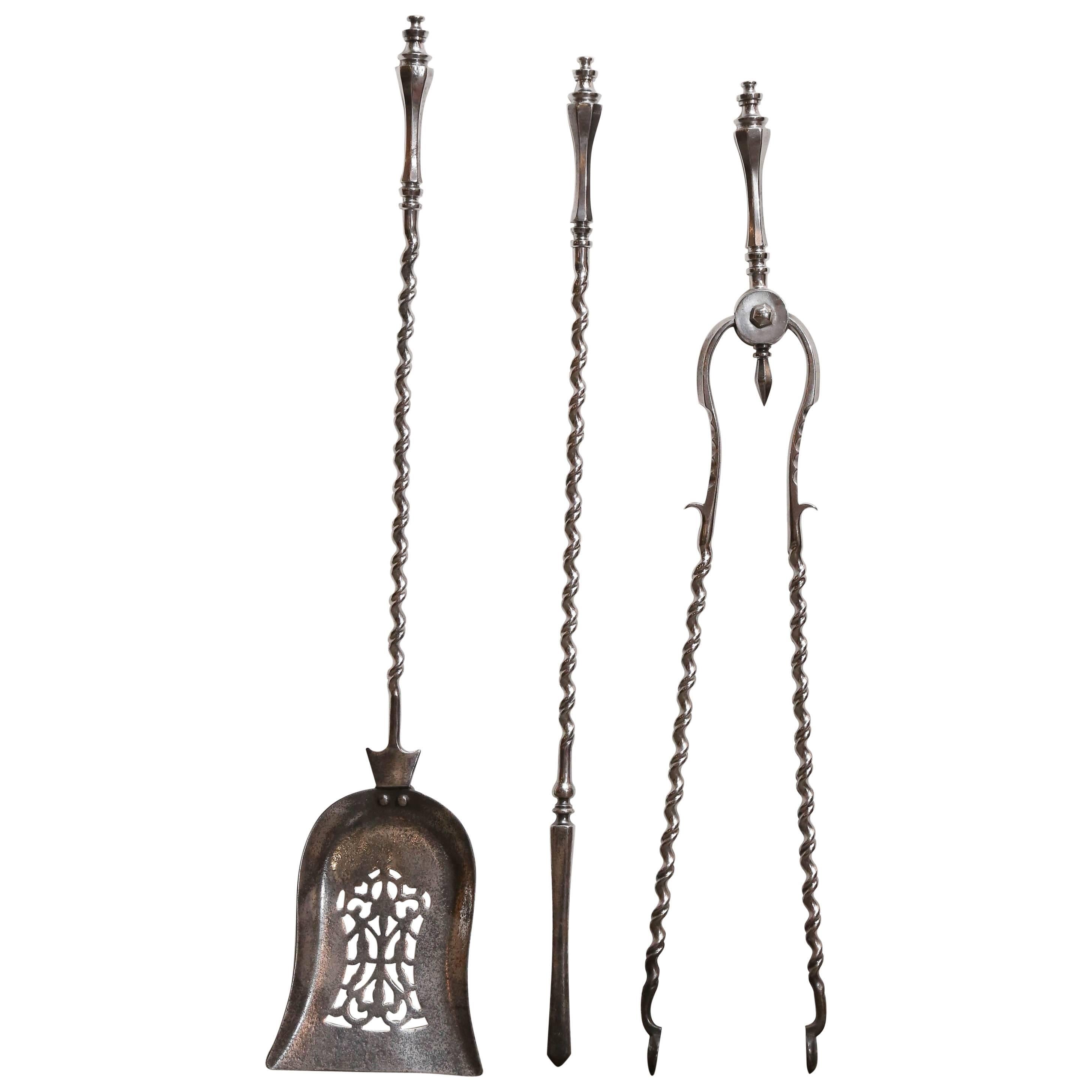 Three-Piece Set of 19th Century Polished Steel Fireplace Tools For Sale
