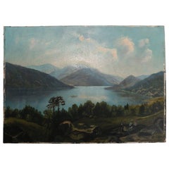 Antique Hudson River School Oil on Board Lake Landscape Painting, 19th Century