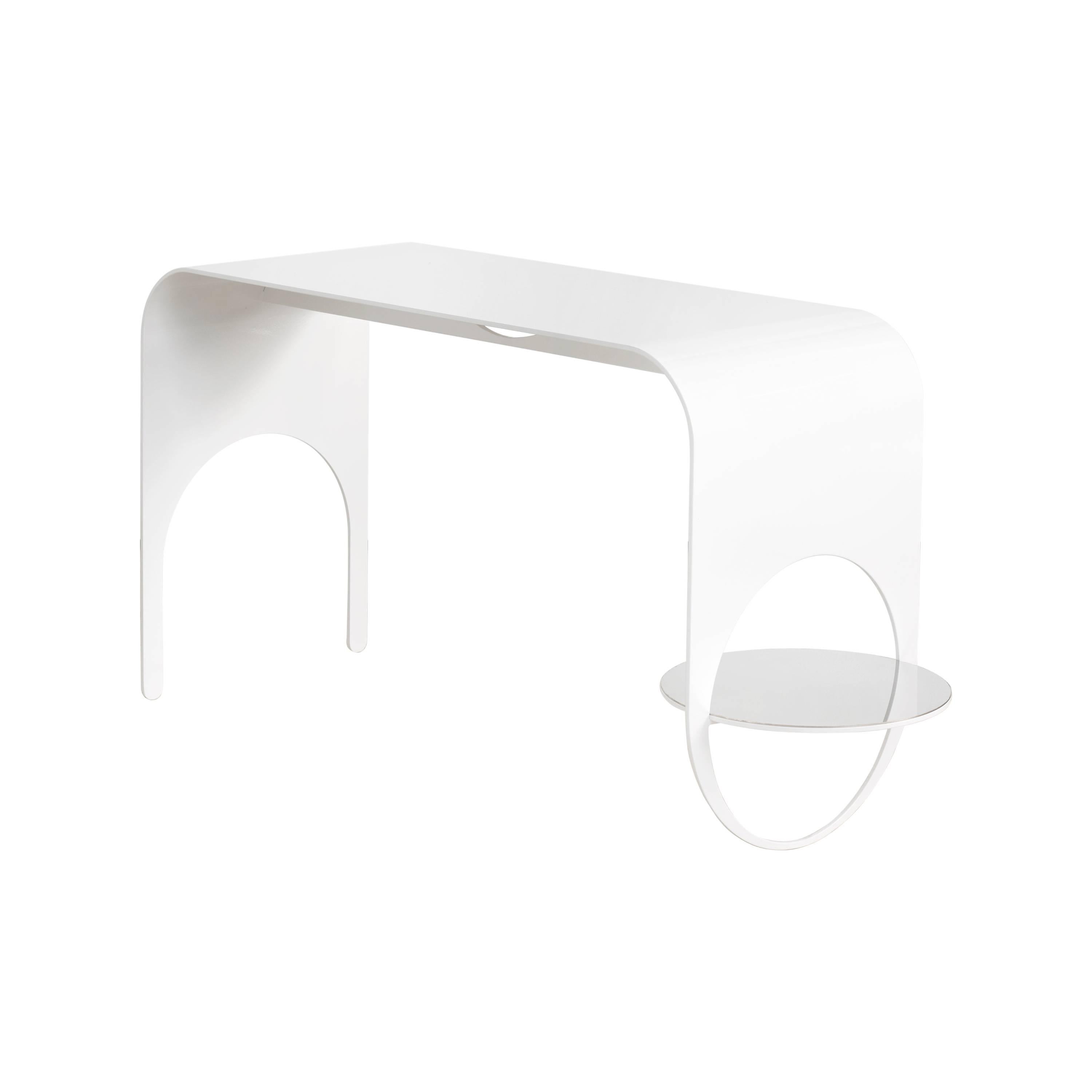 Thin Table 2 in Contemporary White Powder Coated Steel and Polished Steel Shelf For Sale