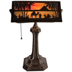 Vintage Persian Pierced Bronze Metal Slag Glass Desk Lamp, Desert Scene, 20th Century