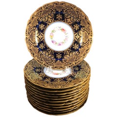 Opulent French Heavy Gilt and Cobalt Plates Set of 12