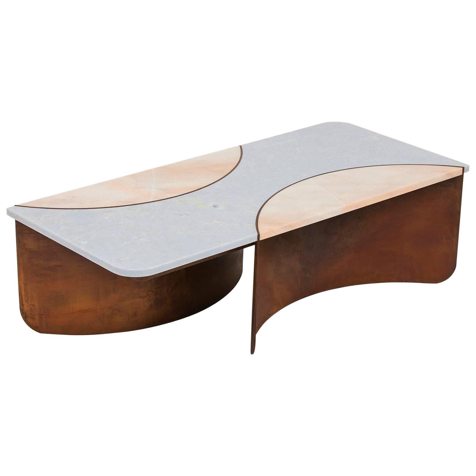 Crescent Table in Contemporary Oxidized Steel with Blue and Pink Marble Insets For Sale