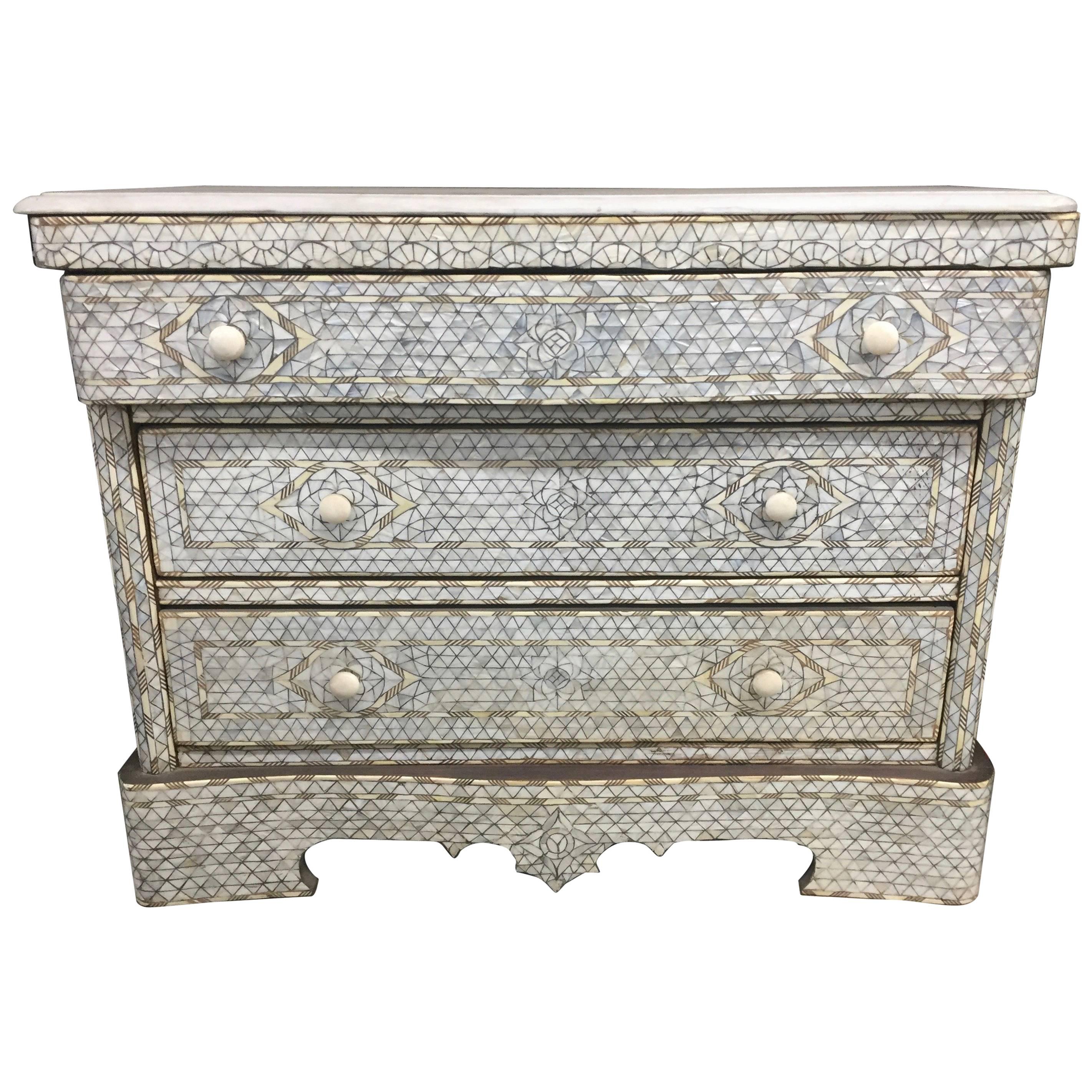 "Adriana" Syrian Mother-of-Pearl Dresser with Three Drawers Haskell Finds