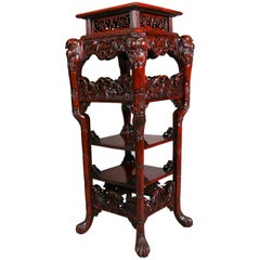 Antique Japanese Hand-Carved Hardwood Figural Owl Tiered Stand, circa 1900