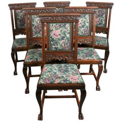 Set of Six Horner Brothers Carved Oak & Tapestry Dining Chairs, 19th Century