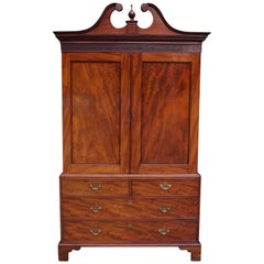 English Mahogany Bookmatched Swan Neck Graduated Linen Press, Circa 1790