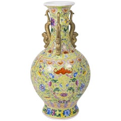 Vintage Chinese Famille Verte Yellow Background Three-Handled Vase