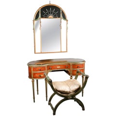 Vintage Adam Style Classical Painted & Gilt Satinwood Vanity Mirror and Seat Set
