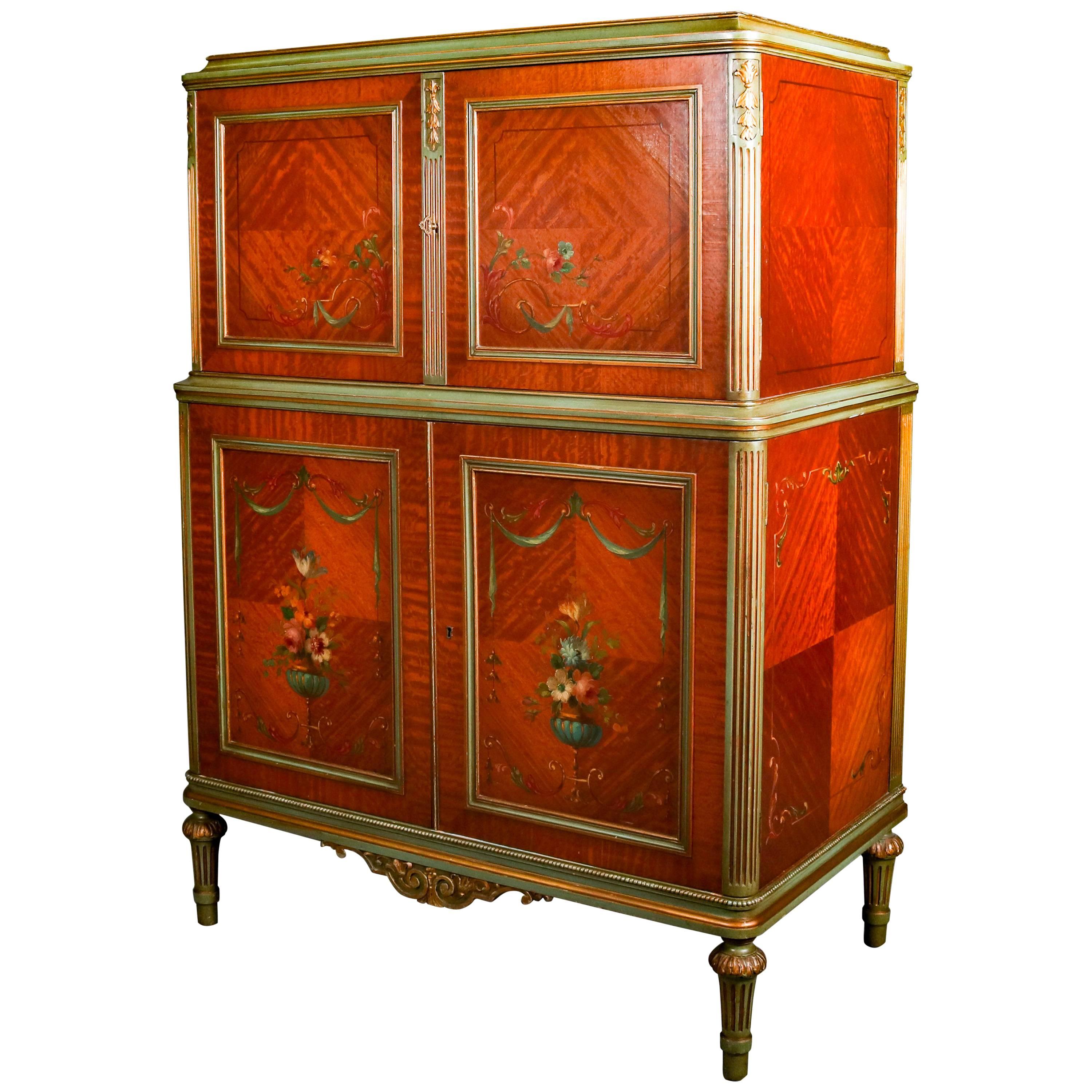 Antique Adam Style Classical Hand-Painted and Gilt Carved Satinwood High Chest