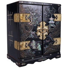 Vintage Japanese Mother-of-Pearl Inlaid and Ebonized Musical Jewelry Box, 20th Century