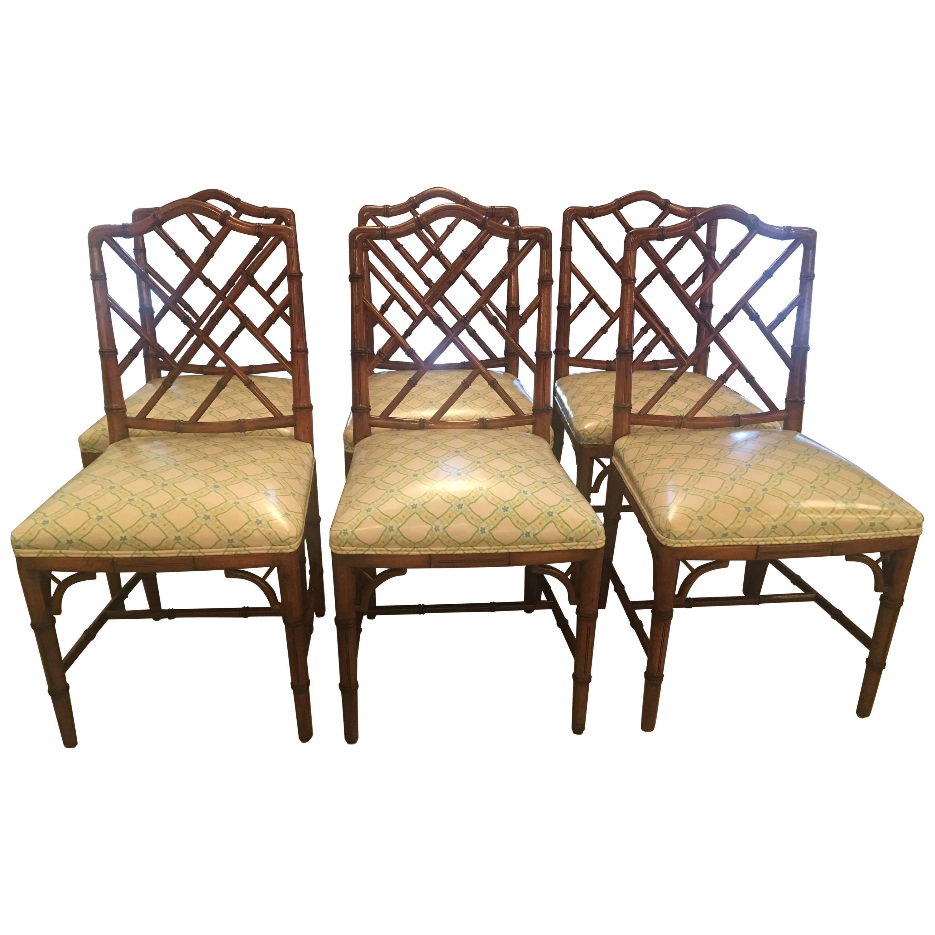 Faux Bamboo Chinese Chippendale Side Dining Chairs by Century Set of Six