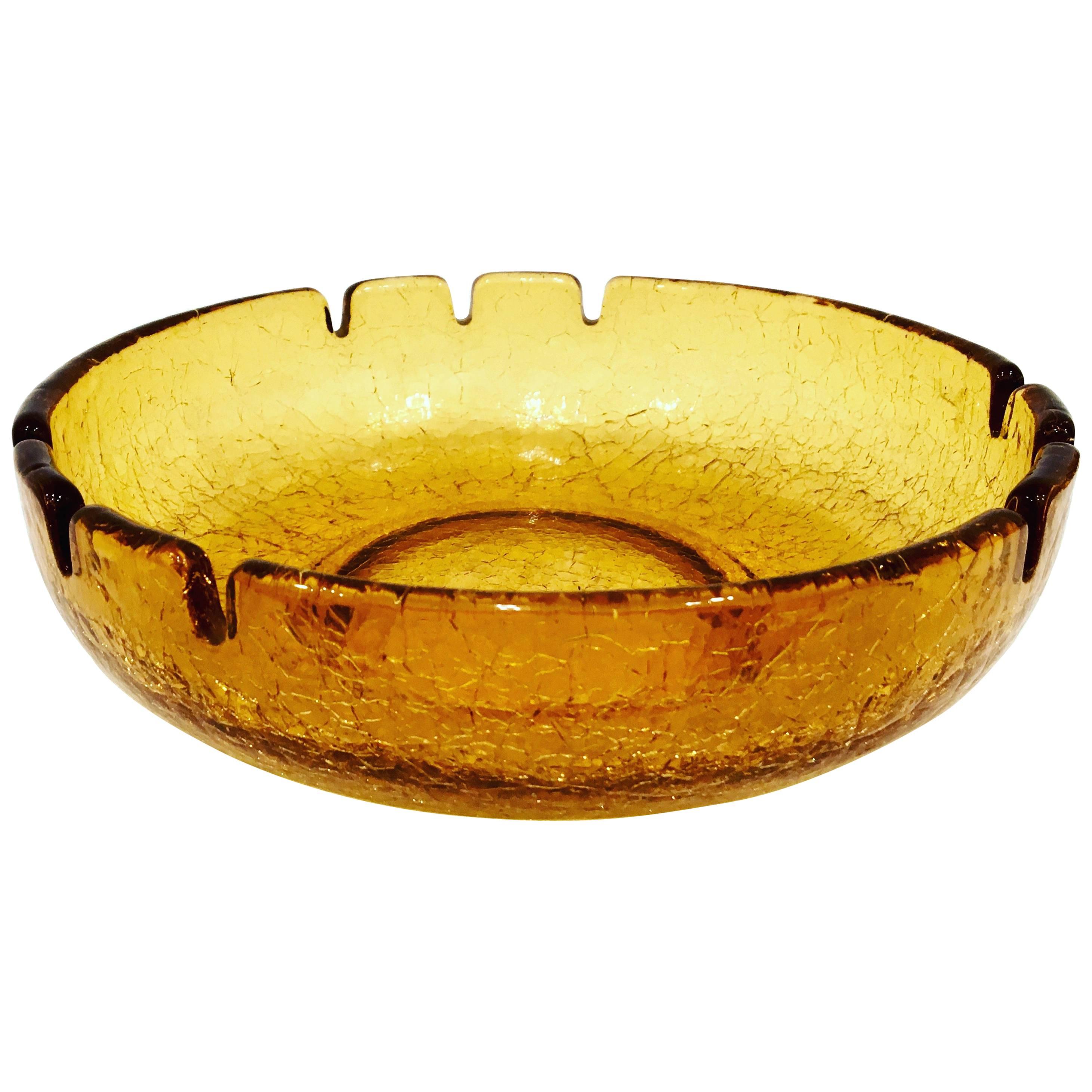 1960s Extra Large Amber Crackle Glass Ashtray by Blenko